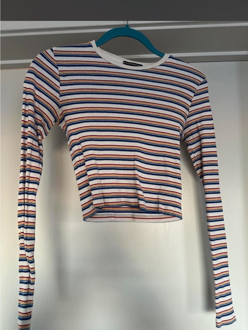 Brandy Melville White Striped Long-Sleeve Crop Top with Multicolor Stripes